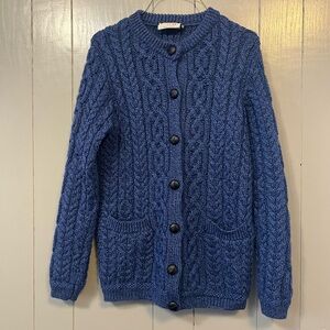 SAOL Aran Blue Cardigan Sweater Women's 100% Merino Wool Cable Knitted Jacket